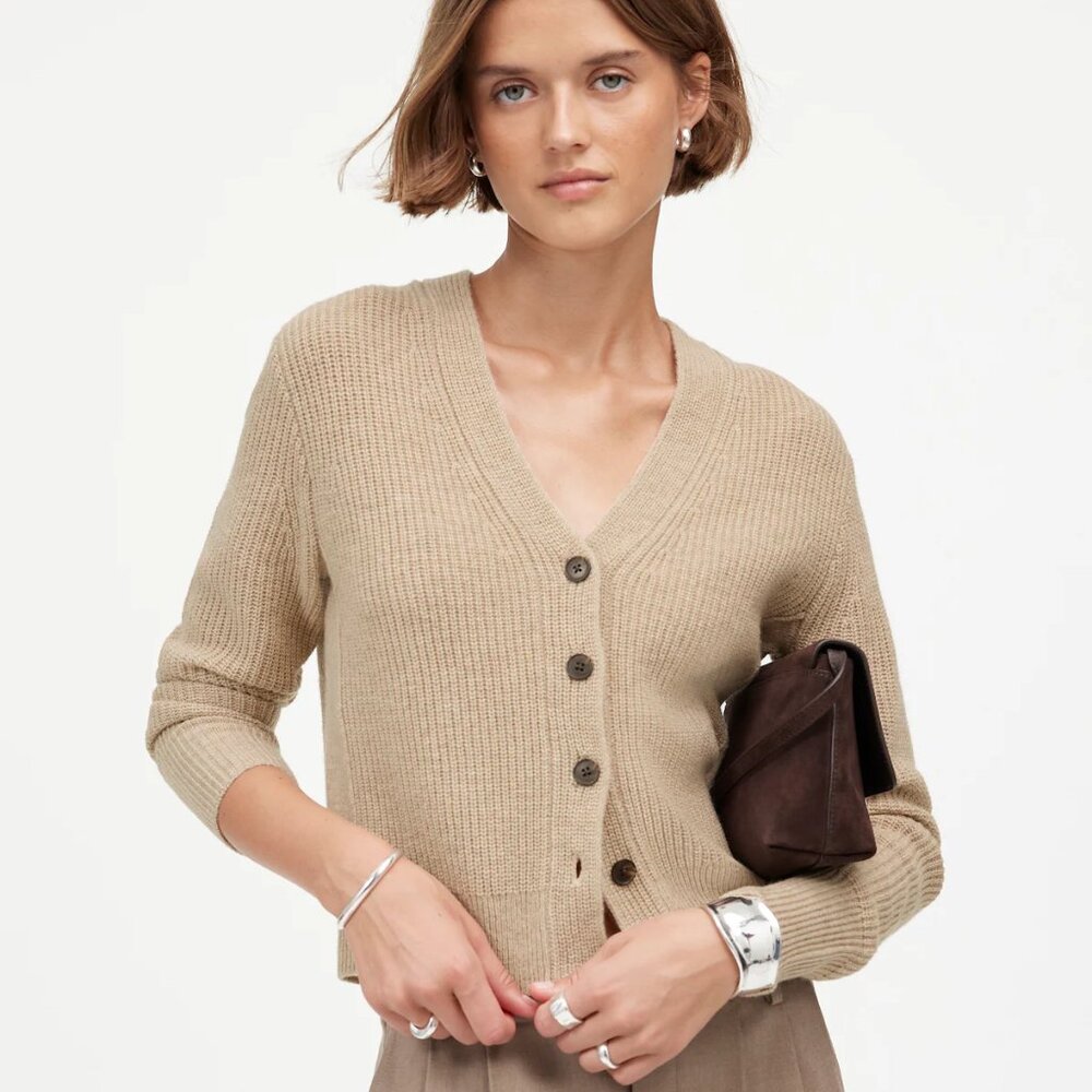 Madewell Tan Ribbed V-Neck Button Cardigan